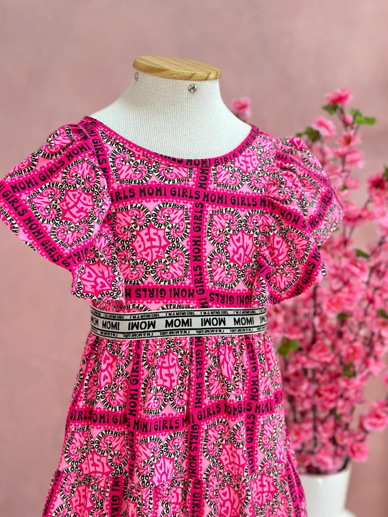 Vestido Infantil Momi Verão Manga Cavada Rosa Love