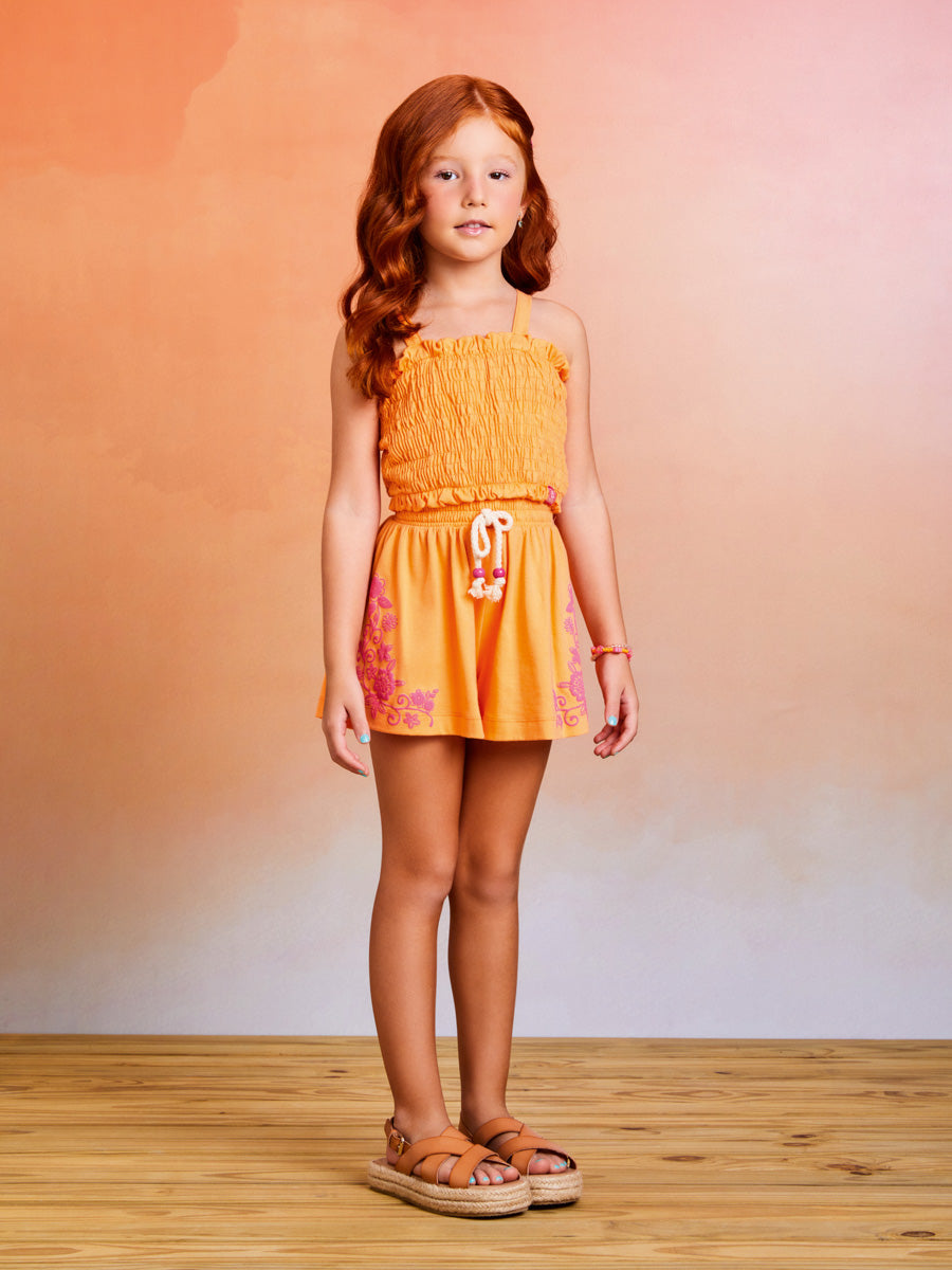 Conjunto Infantil Momi Verão Com Short e Cropped Laranja Flores