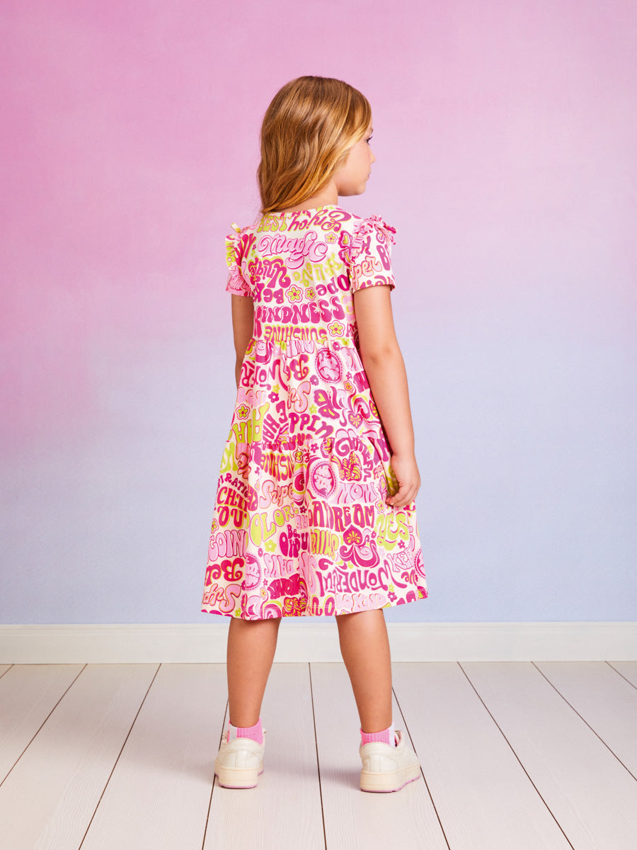Vestido Infantil Momi Verão Manga Curta Colorido Letras
