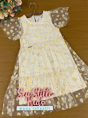 Vestido Infantil Momi Verão com Tule Margaridas