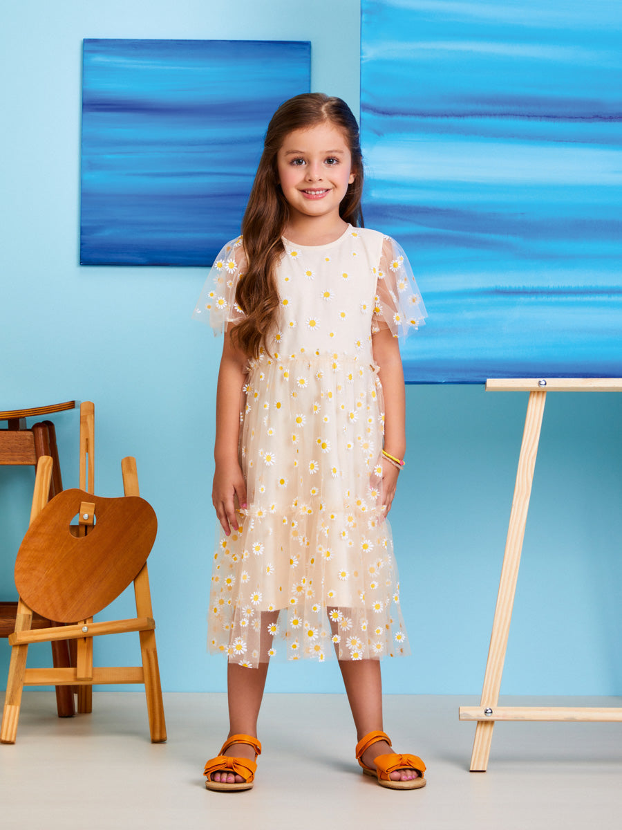 Vestido Infantil Momi Verão com Tule Margaridas