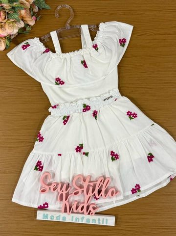 Conjunto Infantil Momi Verão Com Saia e Blusa Branca Florzinha