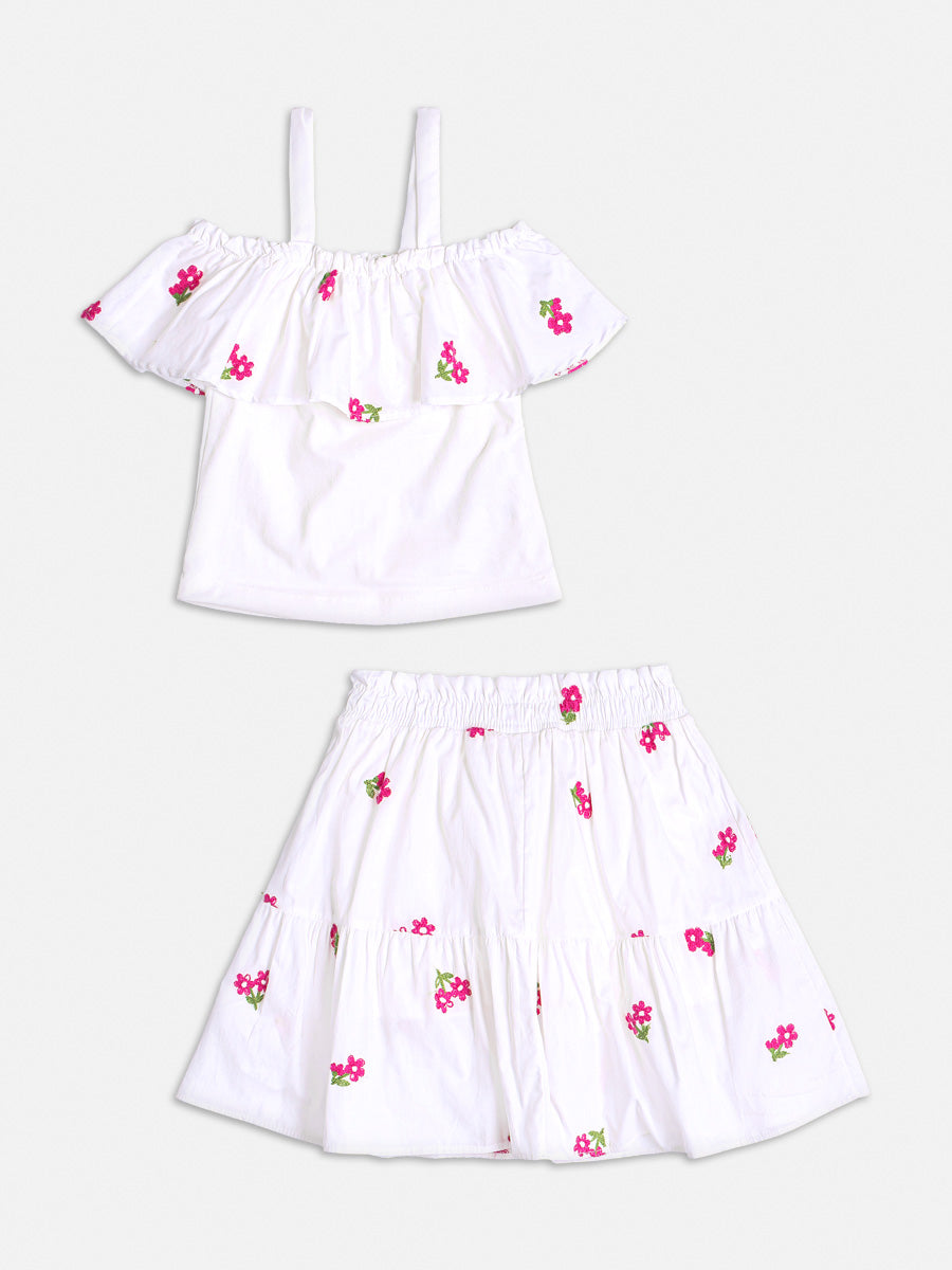 Conjunto Infantil Momi Verão Com Saia e Blusa Branca Florzinha