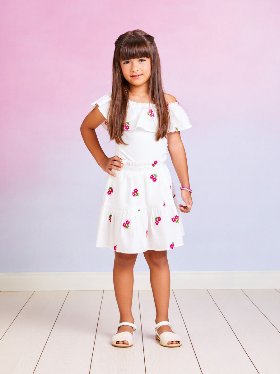 Conjunto Infantil Momi Verão Com Saia e Blusa Branca Florzinha
