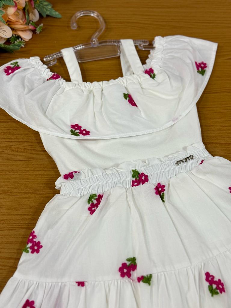Conjunto Infantil Momi Verão Com Saia e Blusa Branca Florzinha