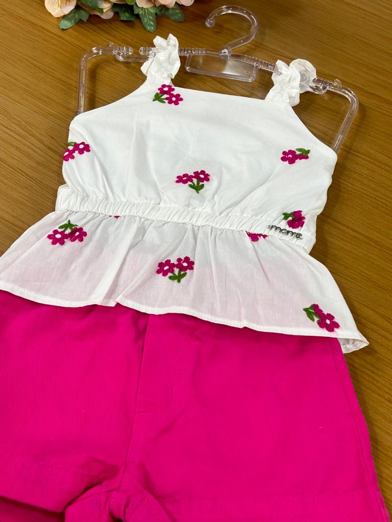 Conjunto Infantil Momi Verão Com Shorts e Blusa Branco Rosas Delicadas