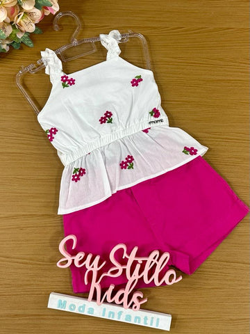 Conjunto Infantil Momi Verão Com Shorts e Blusa Branco Rosas Delicadas
