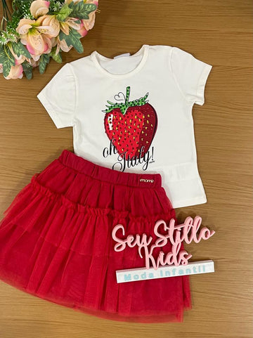 Conjunto Infantil Momi Verão Com Saia e Blusa Moranguinho