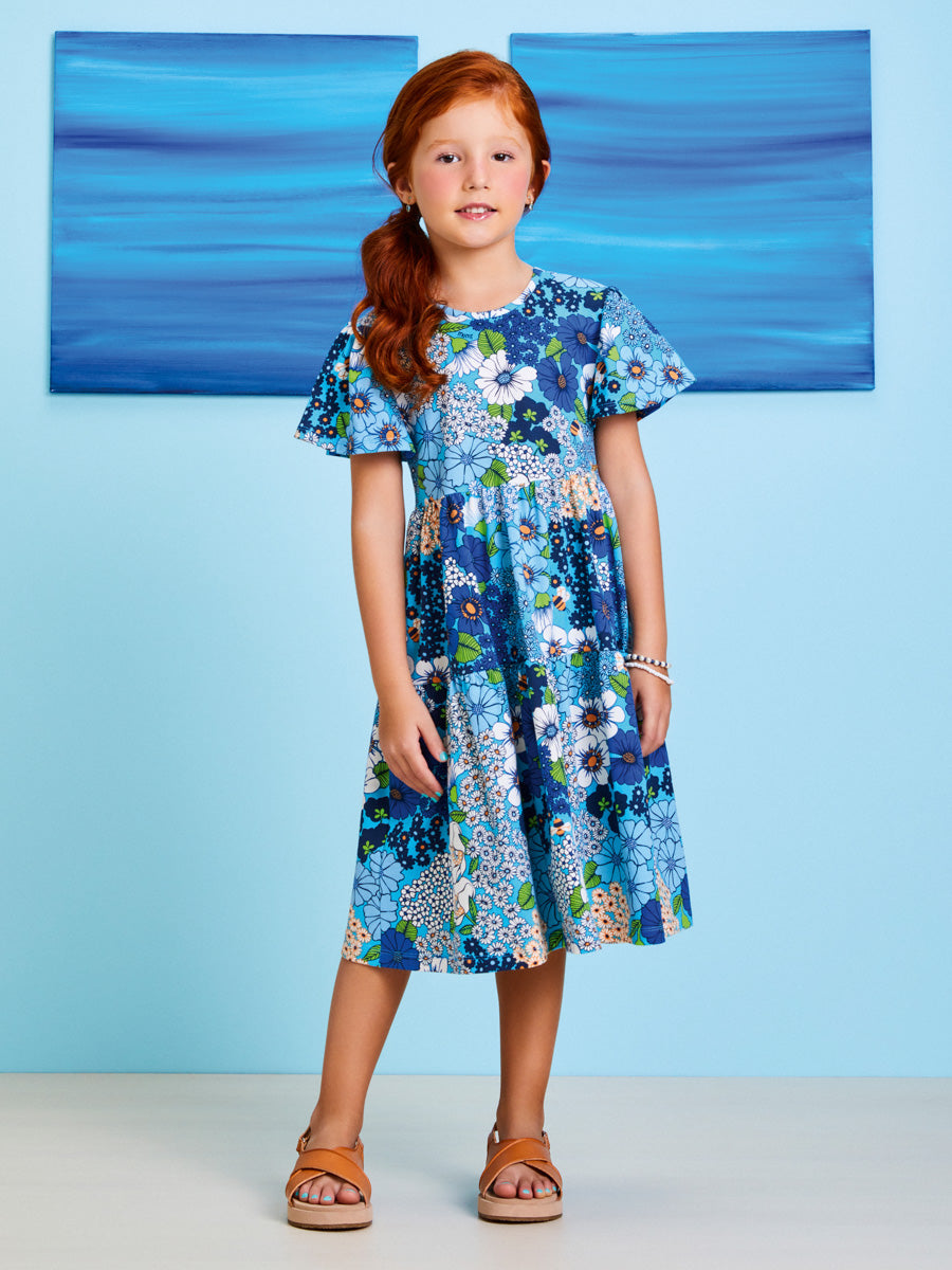Vestido Infantil Momi Verão Manga Curta Azul Flores