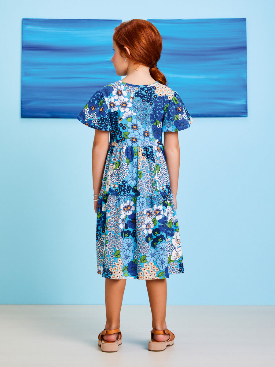 Vestido Infantil Momi Verão Manga Curta Azul Flores