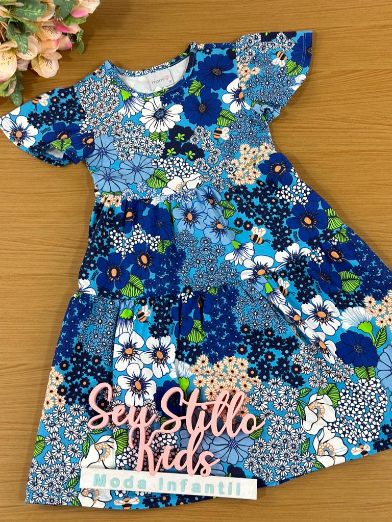 Vestido Infantil Momi Verão Manga Curta Azul Flores