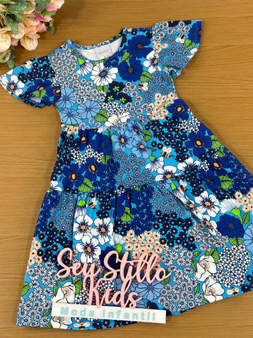 Vestido Infantil Momi Verão Manga Curta Azul Flores