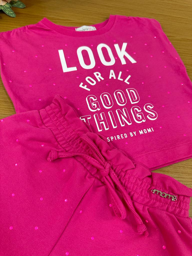 Conjunto Infantil Momi Verão Com Shorts e Blusa Rosa Fashion