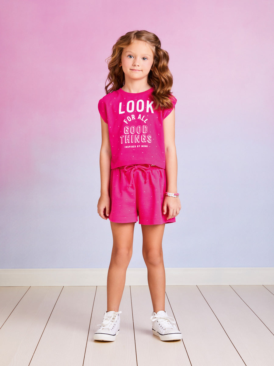 Conjunto Infantil Momi Verão Com Shorts e Blusa Rosa Fashion