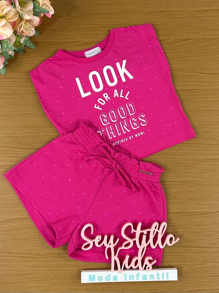 Conjunto Infantil Momi Verão Com Shorts e Blusa Rosa Fashion