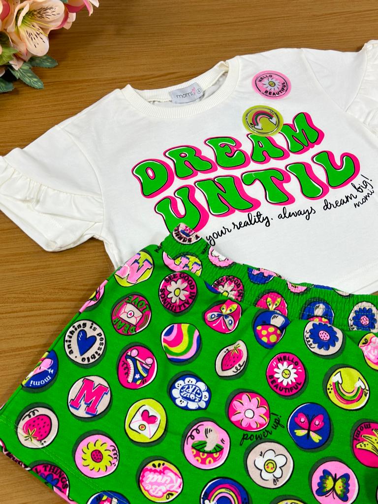 Conjunto Infantil Momi Verão Com Shorts Saia e Blusa Branca Sonhos