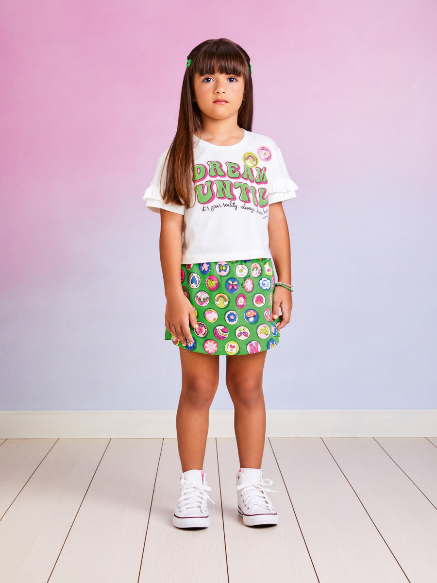 Conjunto Infantil Momi Verão Com Shorts Saia e Blusa Branca Sonhos
