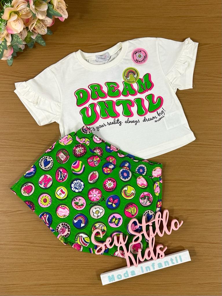 Conjunto Infantil Momi Verão Com Shorts Saia e Blusa Branca Sonhos