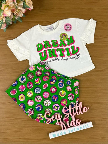 Conjunto Infantil Momi Verão Com Shorts Saia e Blusa Branca Sonhos