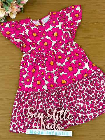 Vestido Infantil Momi Verão Manga Curta Rosa Flores