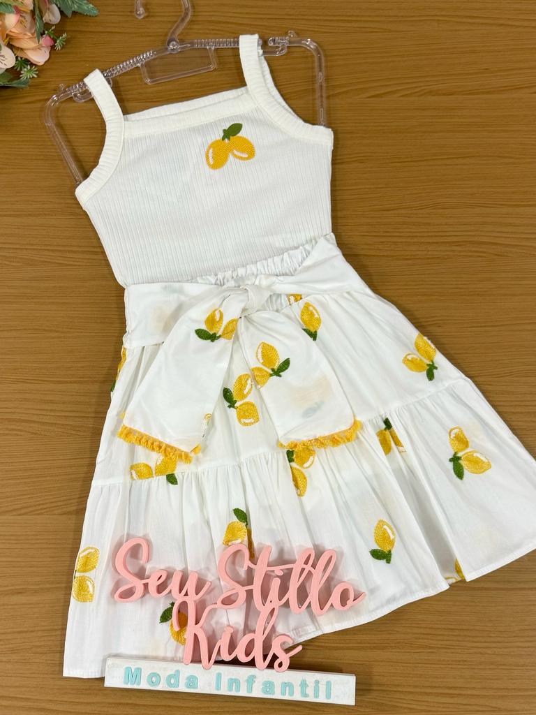 Conjunto Infantil Momi Verão Com Saia e Blusa Branca Limão