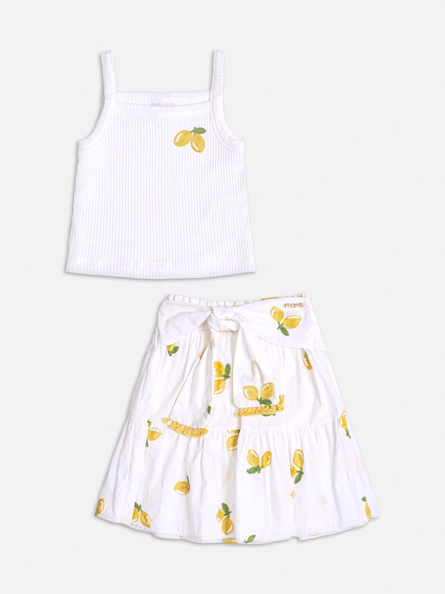 Conjunto Infantil Momi Verão Com Saia e Blusa Branca Limão