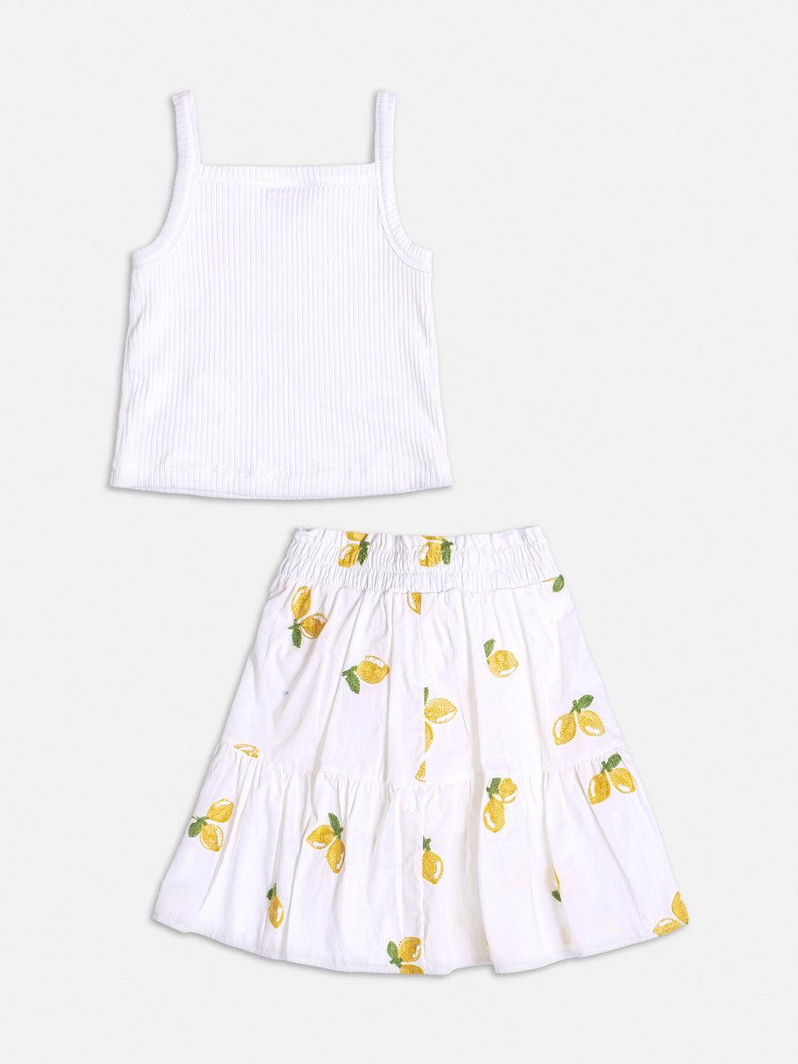 Conjunto Infantil Momi Verão Com Saia e Blusa Branca Limão