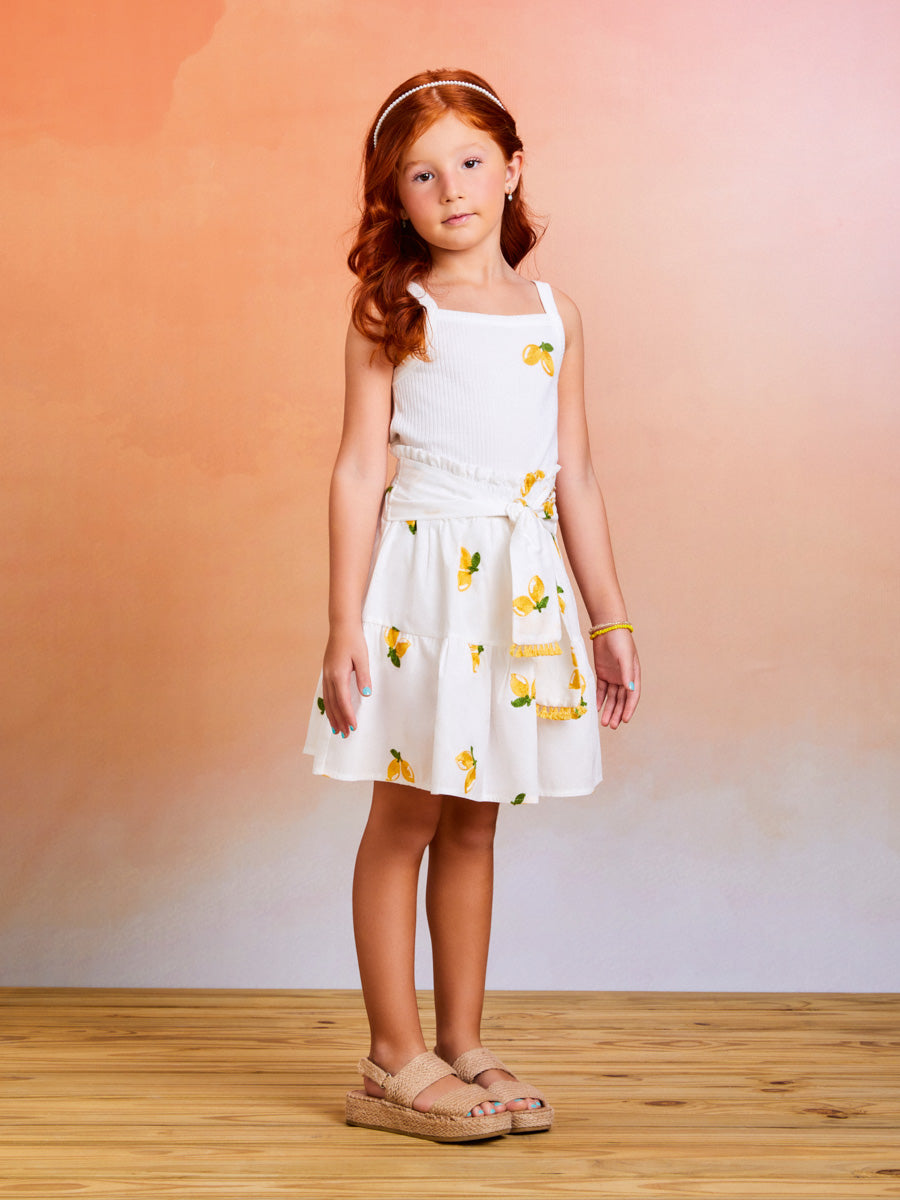 Conjunto Infantil Momi Verão Com Saia e Blusa Branca Limão