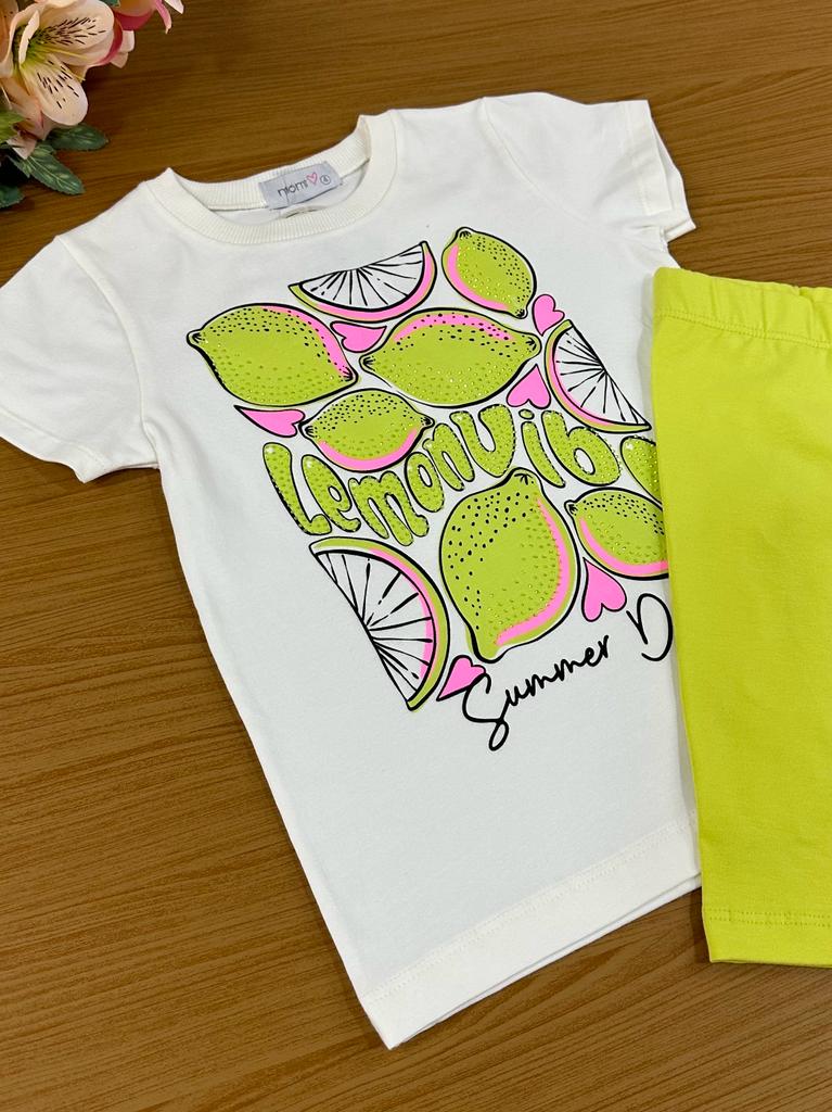 Conjunto Infantil Momi Verão Com Bermuda e Blusa Branca Limão