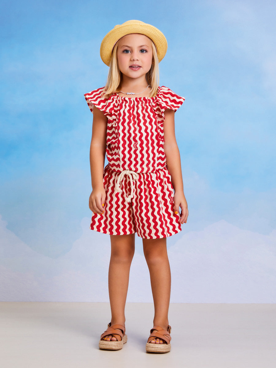 Conjunto Infantil Momi Verão Com Shorts e Blusa Ondas Vermelhas