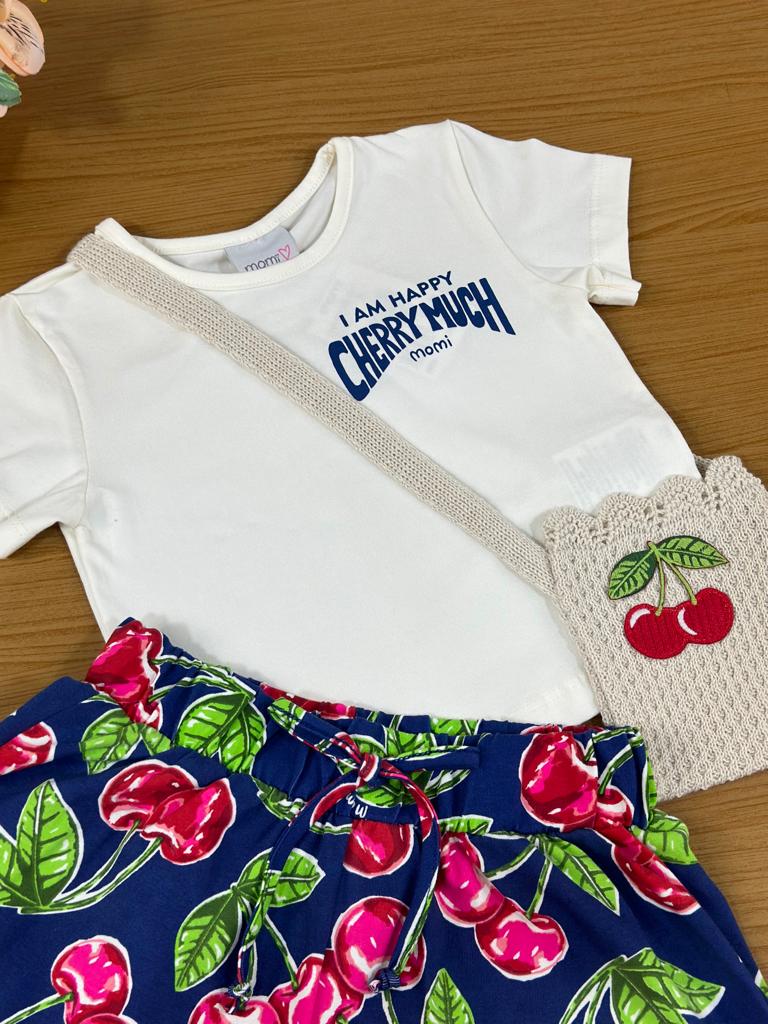 Conjunto Infantil Momi Verão Com Shorts e Blusa Com Bolsinha Cereja