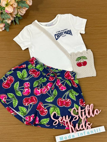 Conjunto Infantil Momi Verão Com Shorts e Blusa Com Bolsinha Cereja