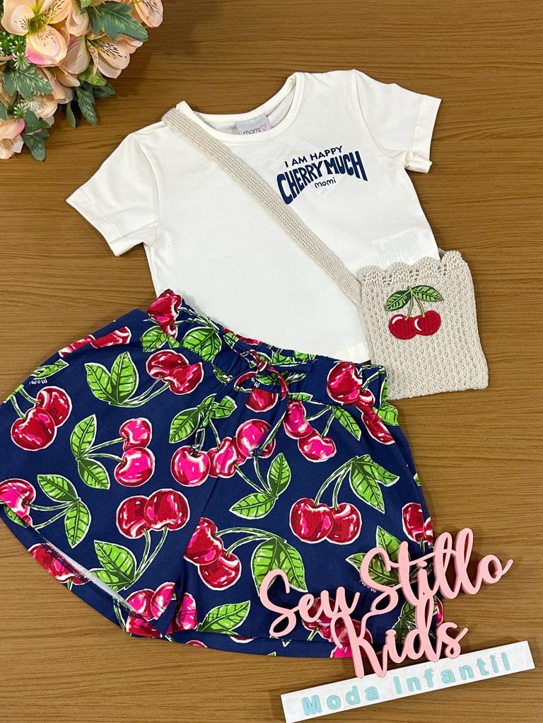 Conjunto Infantil Momi Verão Com Shorts e Blusa Com Bolsinha Cereja