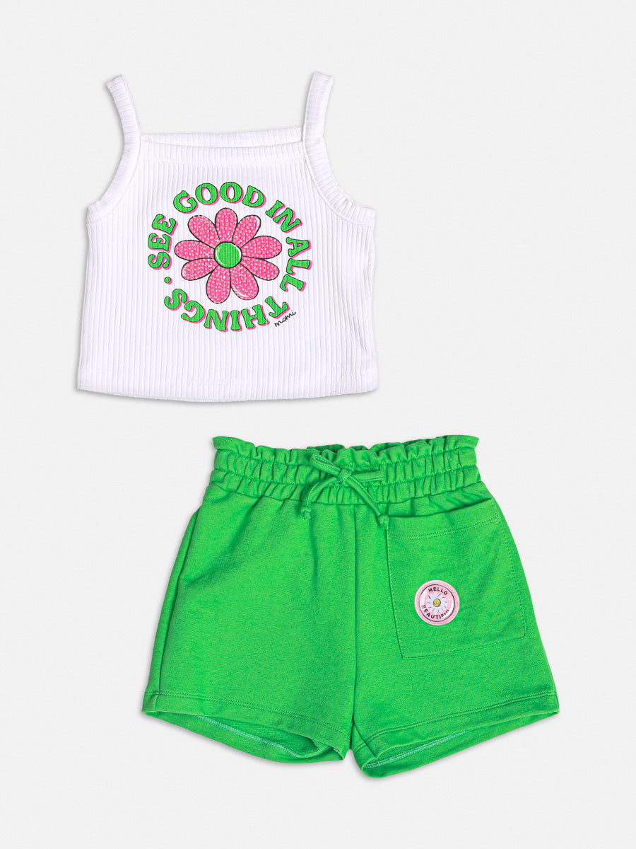 Conjunto Infantil Momi Verão Com Shorts e Blusa Branca Margarida Colorida