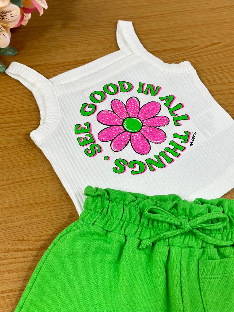 Conjunto Infantil Momi Verão Com Shorts e Blusa Branca Margarida Colorida