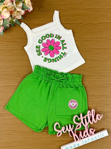 Conjunto Infantil Momi Verão Com Shorts e Blusa Branca Margarida Colorida