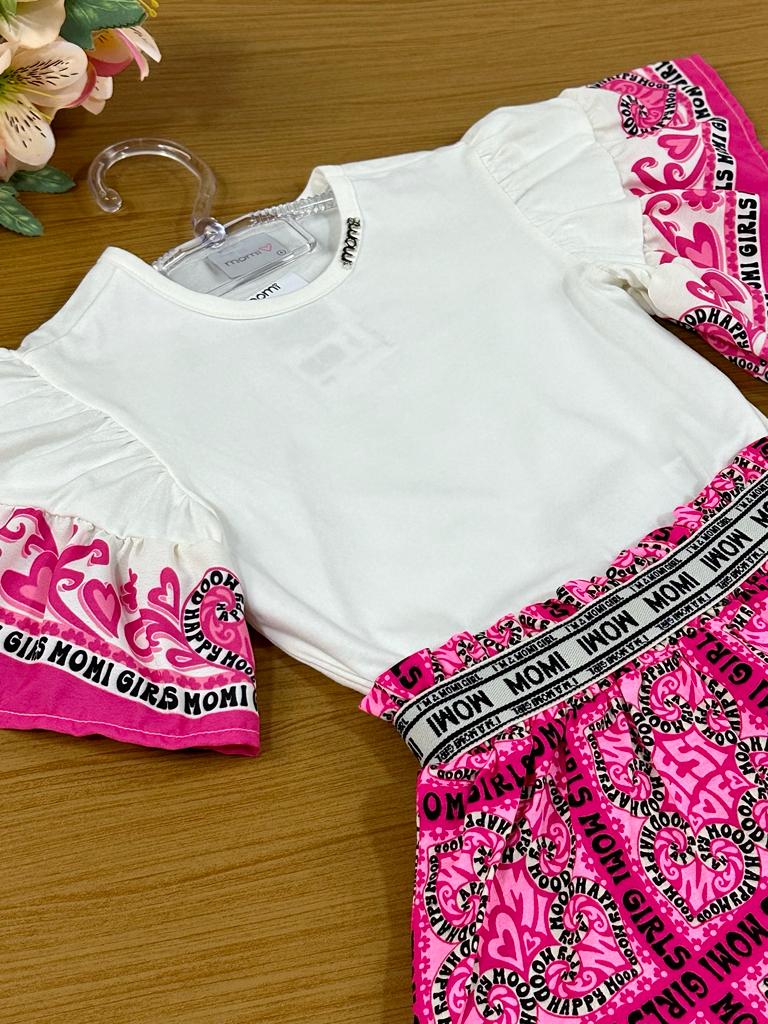 Conjunto Infantil Momi Verão Com Saia e Blusa Branca Love