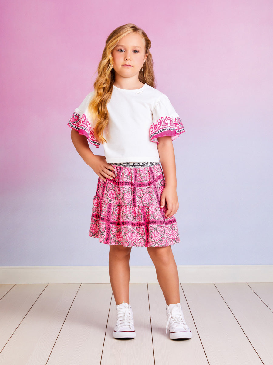 Conjunto Infantil Momi Verão Com Saia e Blusa Branca Love