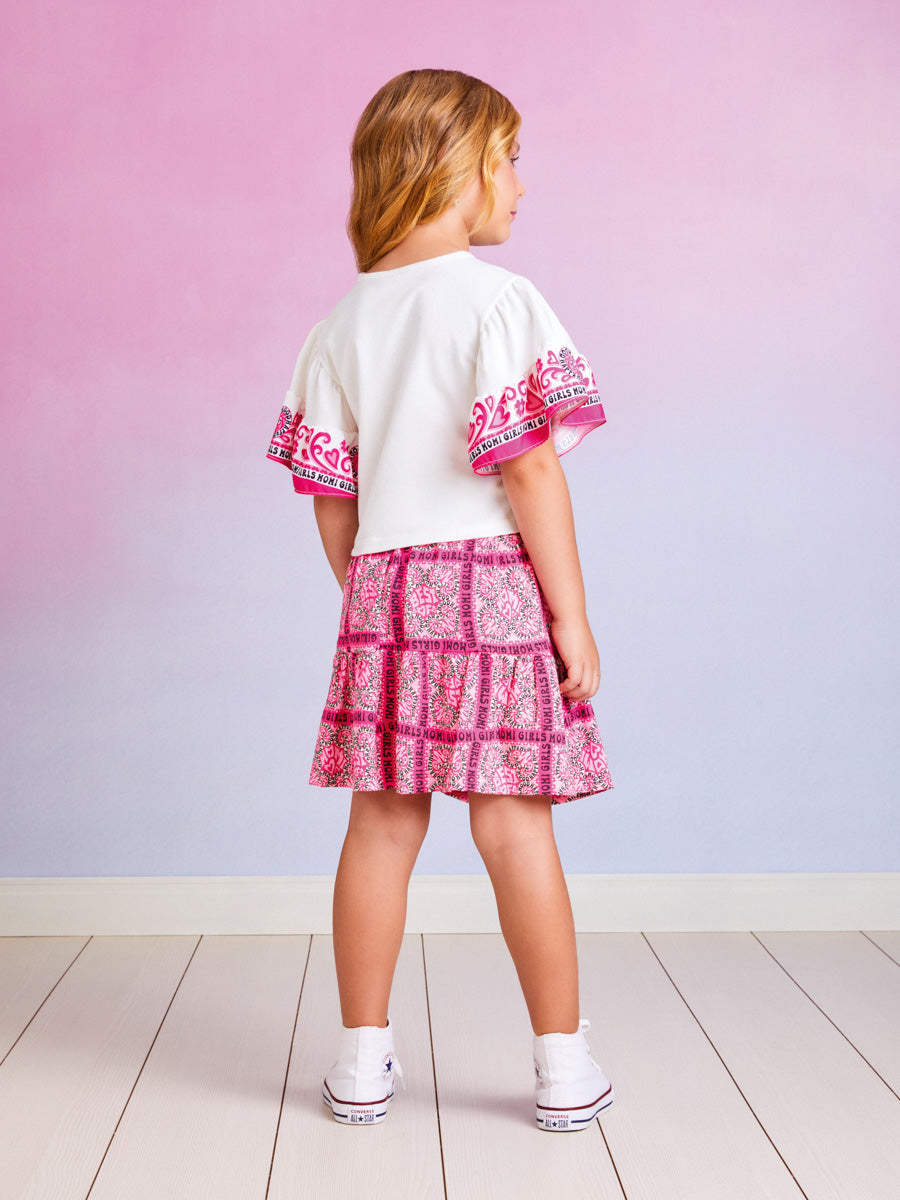 Conjunto Infantil Momi Verão Com Saia e Blusa Branca Love