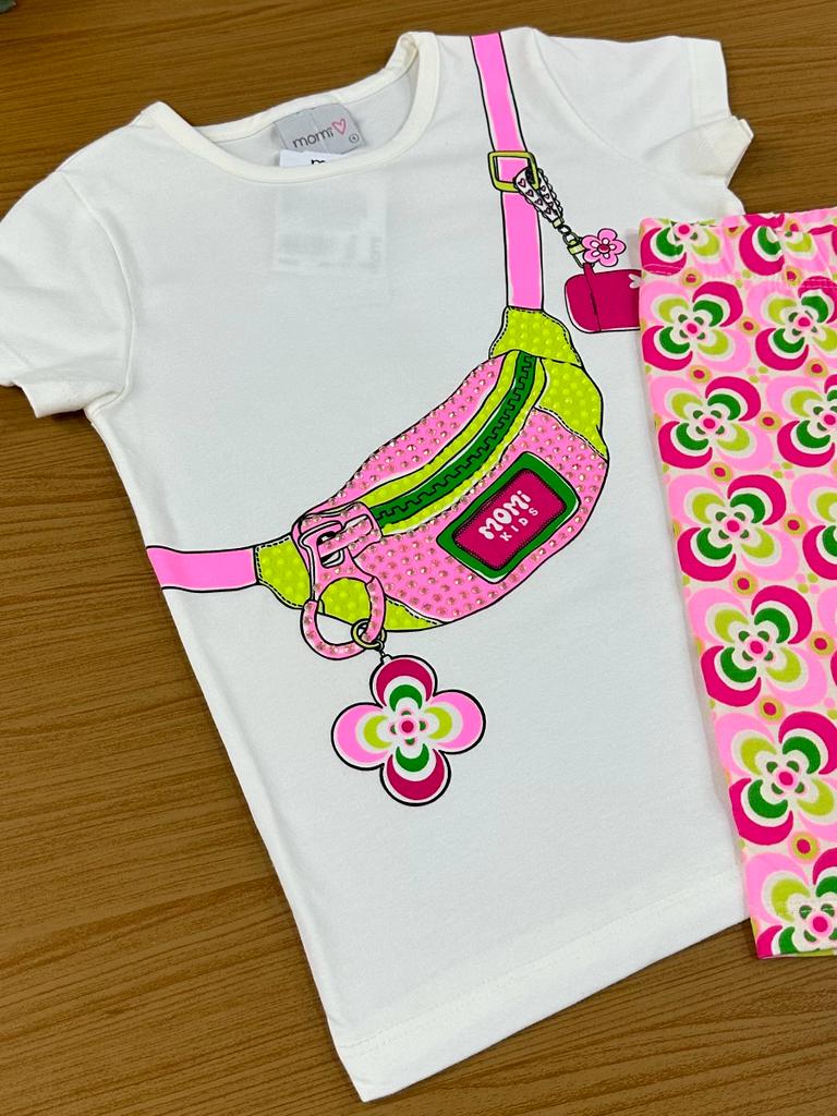 Conjunto Infantil Momi Verão Com Bermuda e Blusa Branca Pochete de Brilho