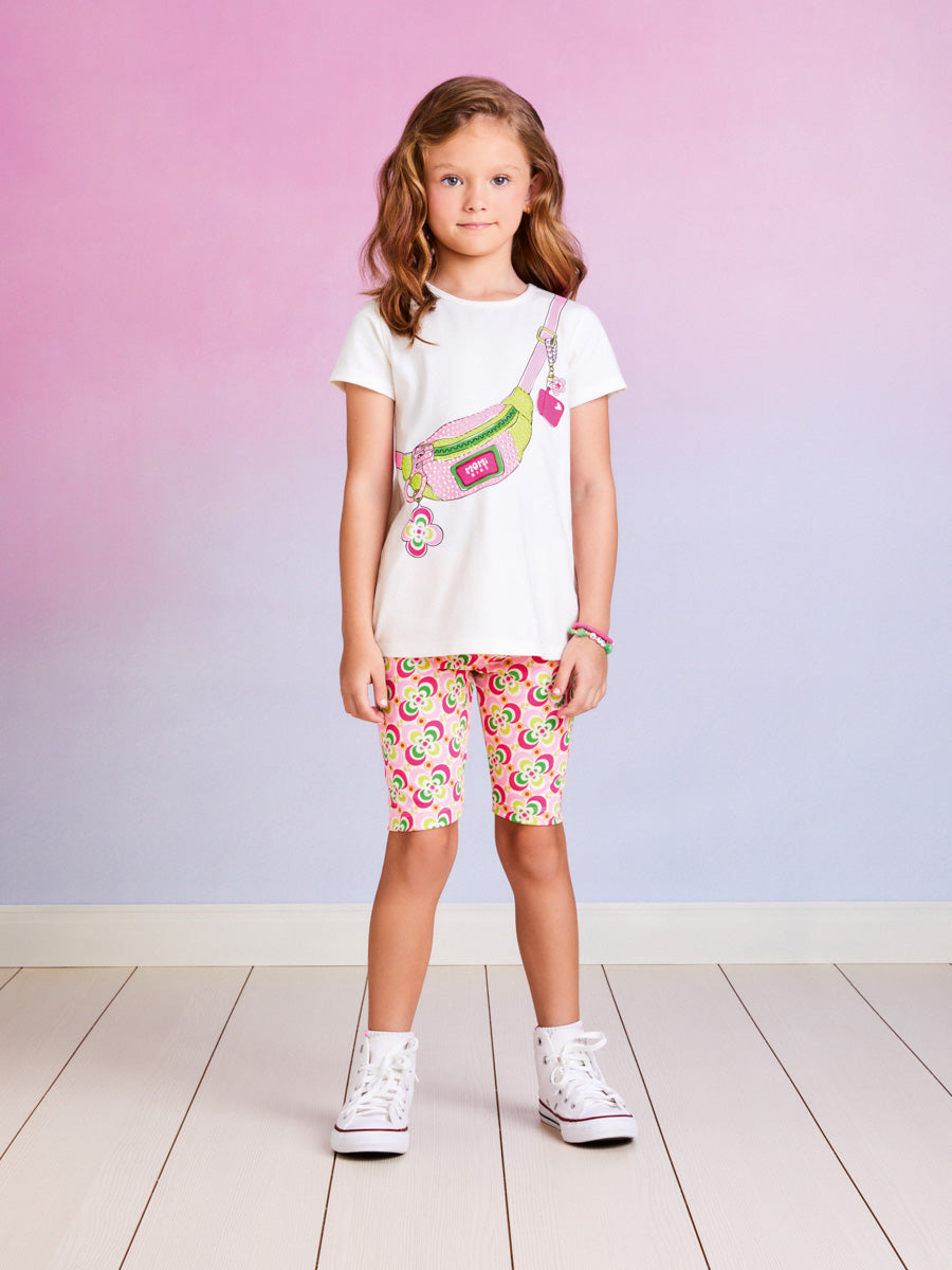 Conjunto Infantil Momi Verão Com Bermuda e Blusa Branca Pochete de Brilho