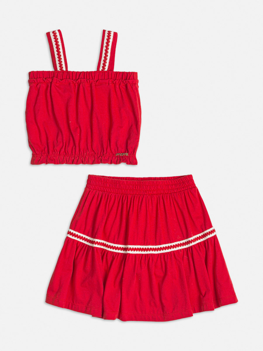 Conjunto Infantil Momi Verão Com Saia e Cropped Vermelho