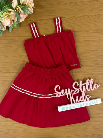 Conjunto Infantil Momi Verão Com Saia e Cropped Vermelho