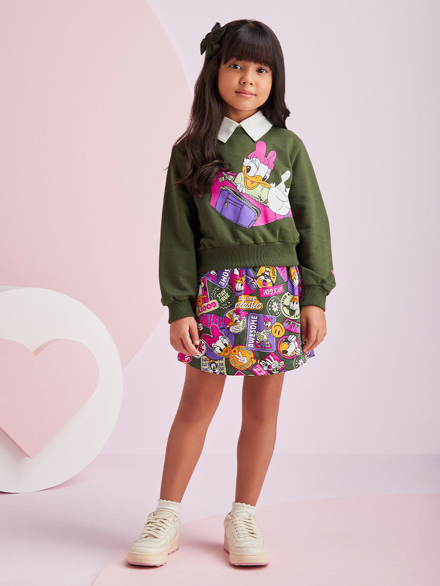 Conjunto Infantil Momi Inverno Shorts Saia e Moletom Sem Flanela Margarida Disney
