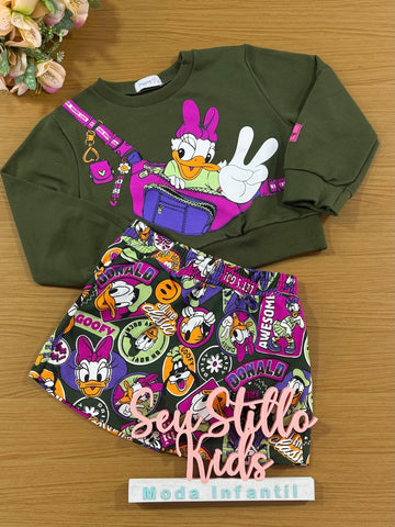 Conjunto Infantil Momi Inverno Shorts Saia e Moletom Sem Flanela Margarida Disney