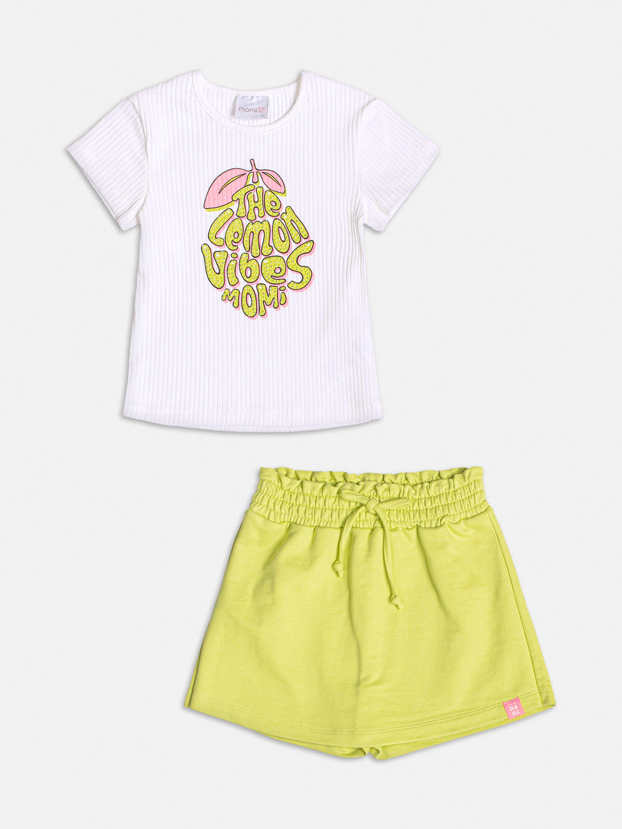 Conjunto Infantil Momi Verão Com Shorts Saia e Blusa Branca Limão