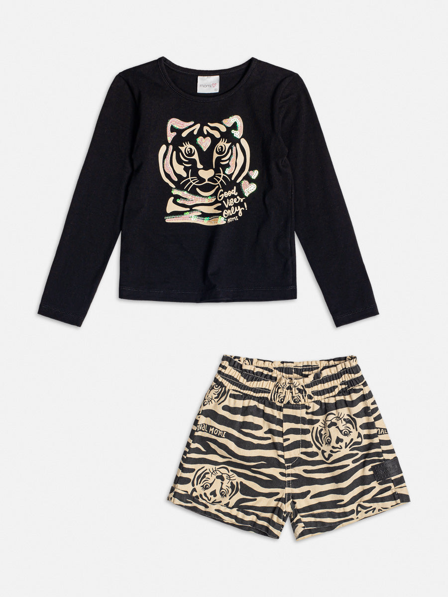 Conjunto Infantil Momi Inverno Shorts e Blusa Preta Tigre