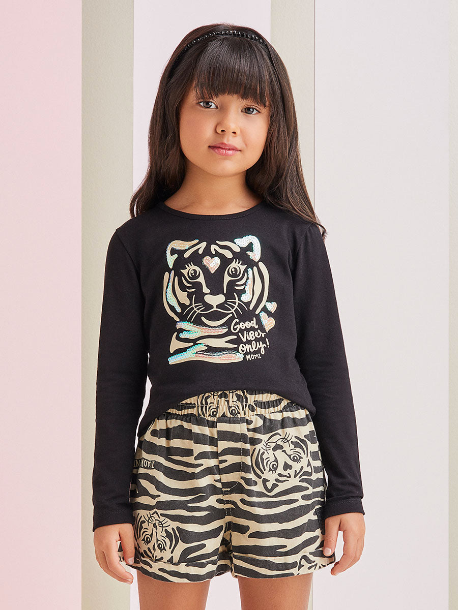 Conjunto Infantil Momi Inverno Shorts e Blusa Preta Tigre