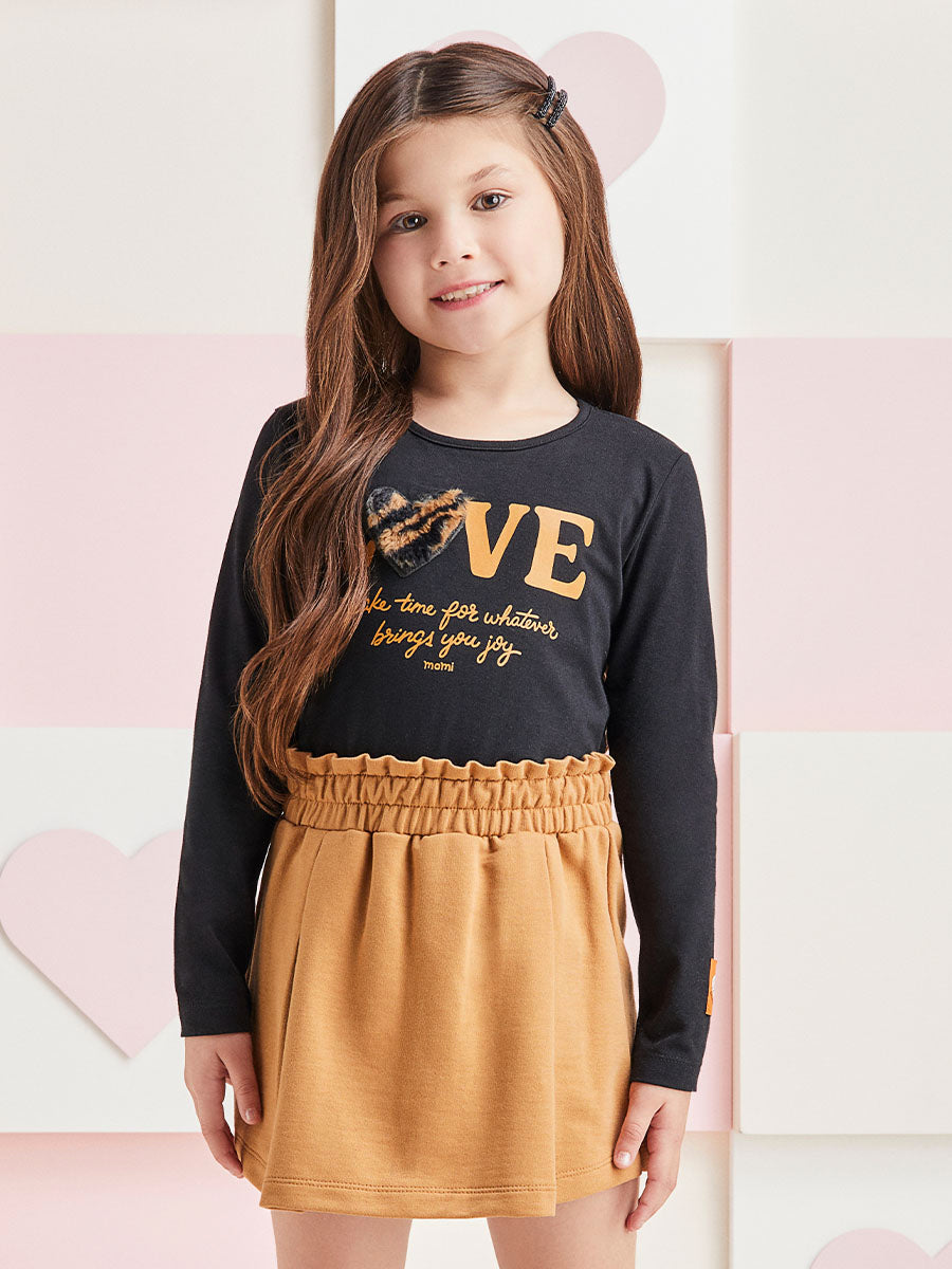 Conjunto Infantil Momi Inverno Shorts Saia e Blusa Preta Love