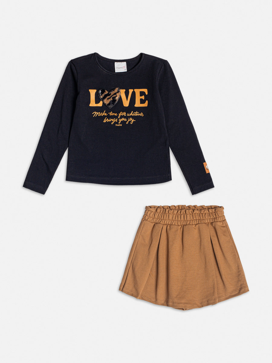 Conjunto Infantil Momi Inverno Shorts Saia e Blusa Preta Love